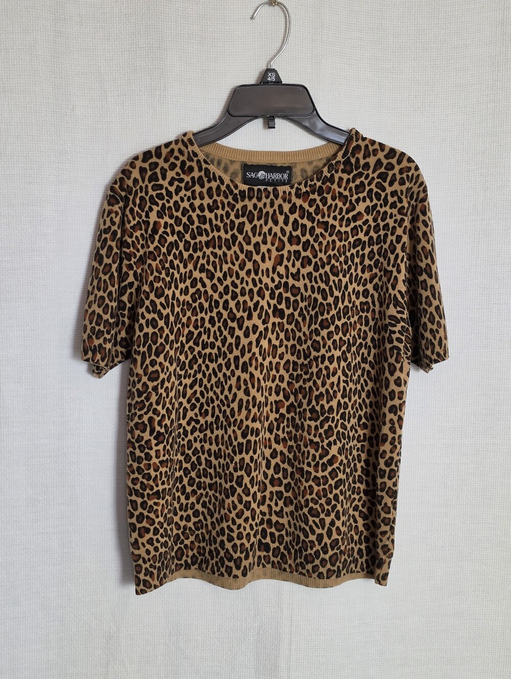 Vintage Sag Harbor Leopard Print Short Sleeve Sweater Knit Top Womens PL